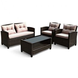 Garden Patio Rattan Armrest Furniture Set Table With Lower Shelf  4 Pcs Set