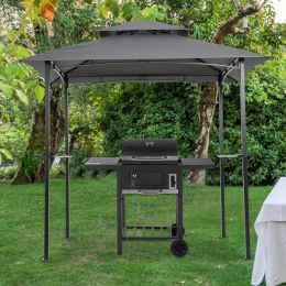 Outdoor Grill Gazebo 8 x 5 Ft; Shelter Tent; Double Tier Soft Top Canopy and Steel Frame with hook and Bar Counters; Grey