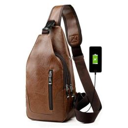 Men Chest Bag PU Leather Sling Fanny Pack Shoulder Backpack w USB Charging Port (Color: Light Brown)